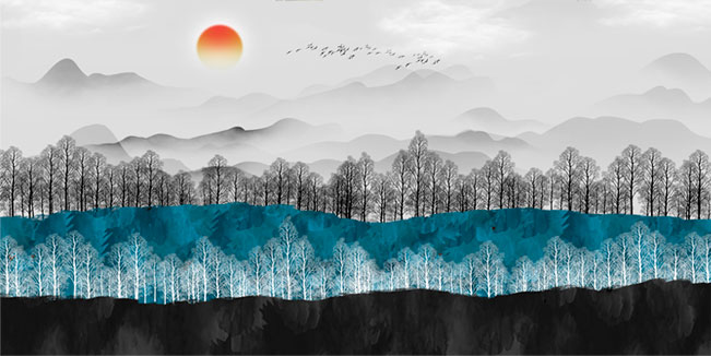 Fotomural o papel pintado ilustración montañas otoño estilo acuarela con aves